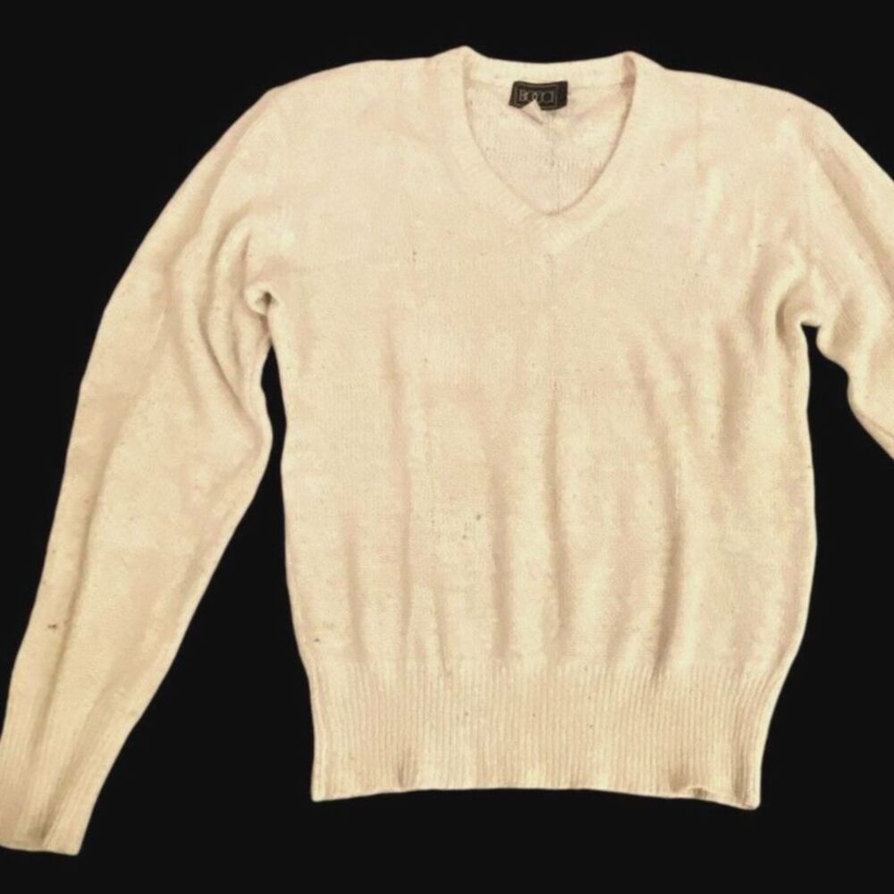 BOCCI Vtg 80s SILK ANGORA Sweater Mens M/L V-neck Beige Tweed Windowpane Luxury